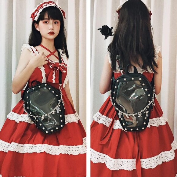 Gothic Coffin Shaped Purse for Women Halloween Shoulder Bag and Backpack - Picture 4 of 9